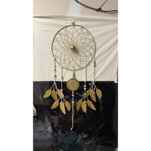 Large Metal Dream Catcher Wall Hanging Gold Feathers Boho Decor 30” Long